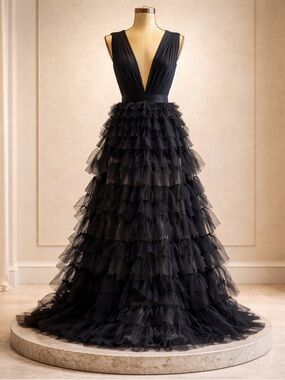 NWT Tulle frill sheer Tiered layered Black Illusion Sexy Prom Gown Size L